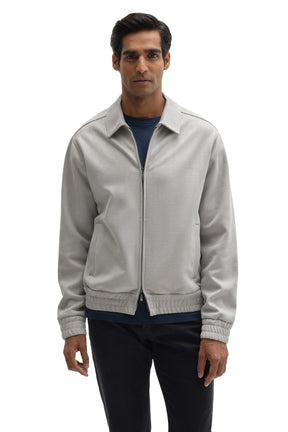Robert Barakett men's light gray zip-front overshirt with shirt collar, welt pockets, and elastic hem, front view