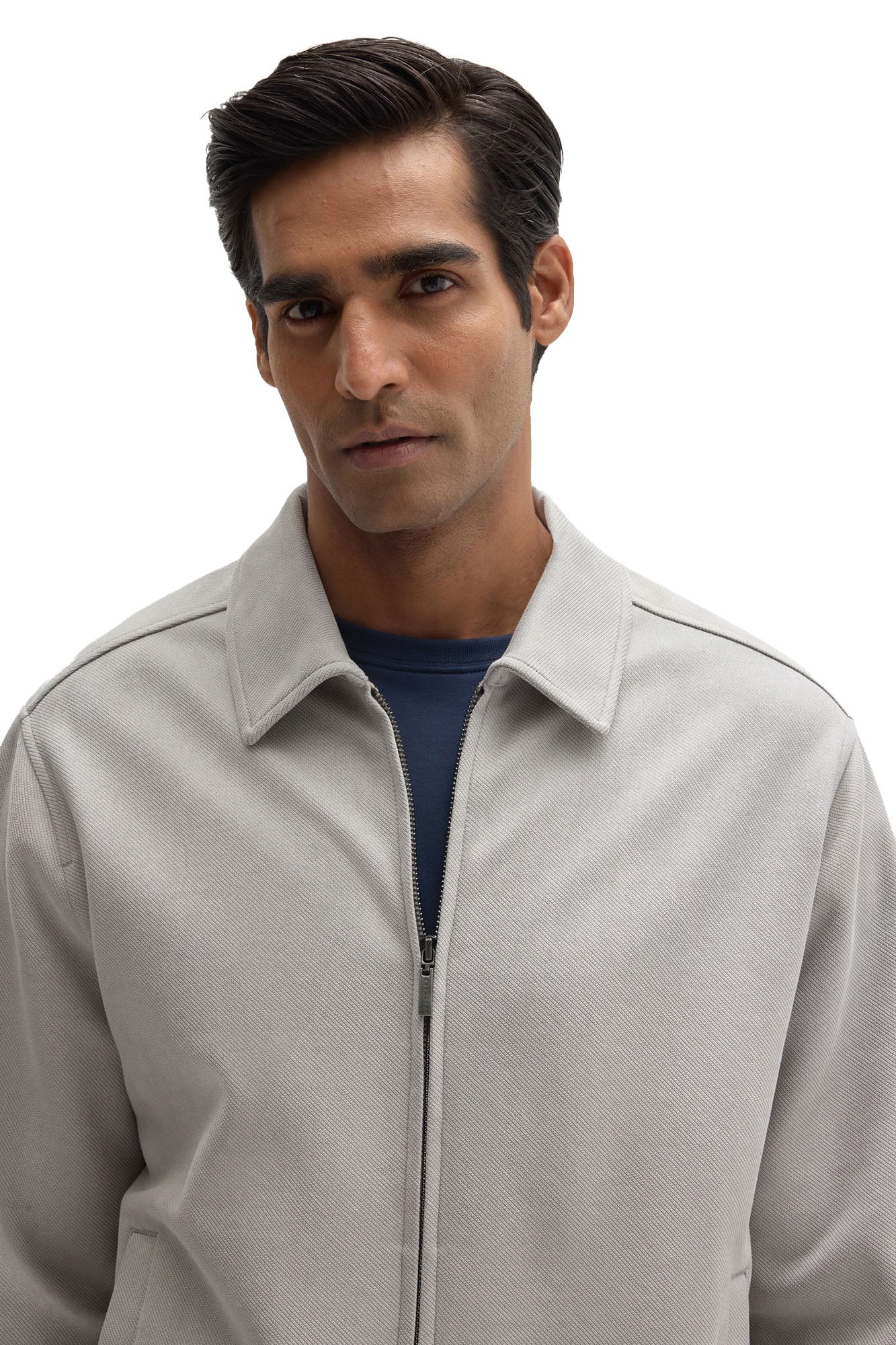 Robert Barakett men's light gray textured zip overshirt showing the shirt collar and front zipper, close view