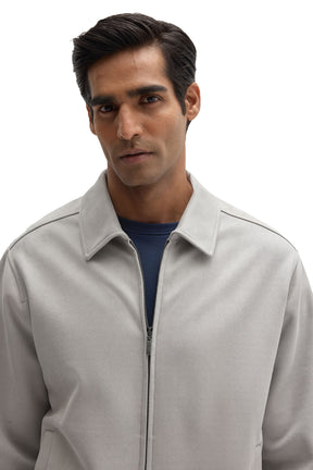 Robert Barakett men's light gray textured zip overshirt showing the shirt collar and front zipper, close view