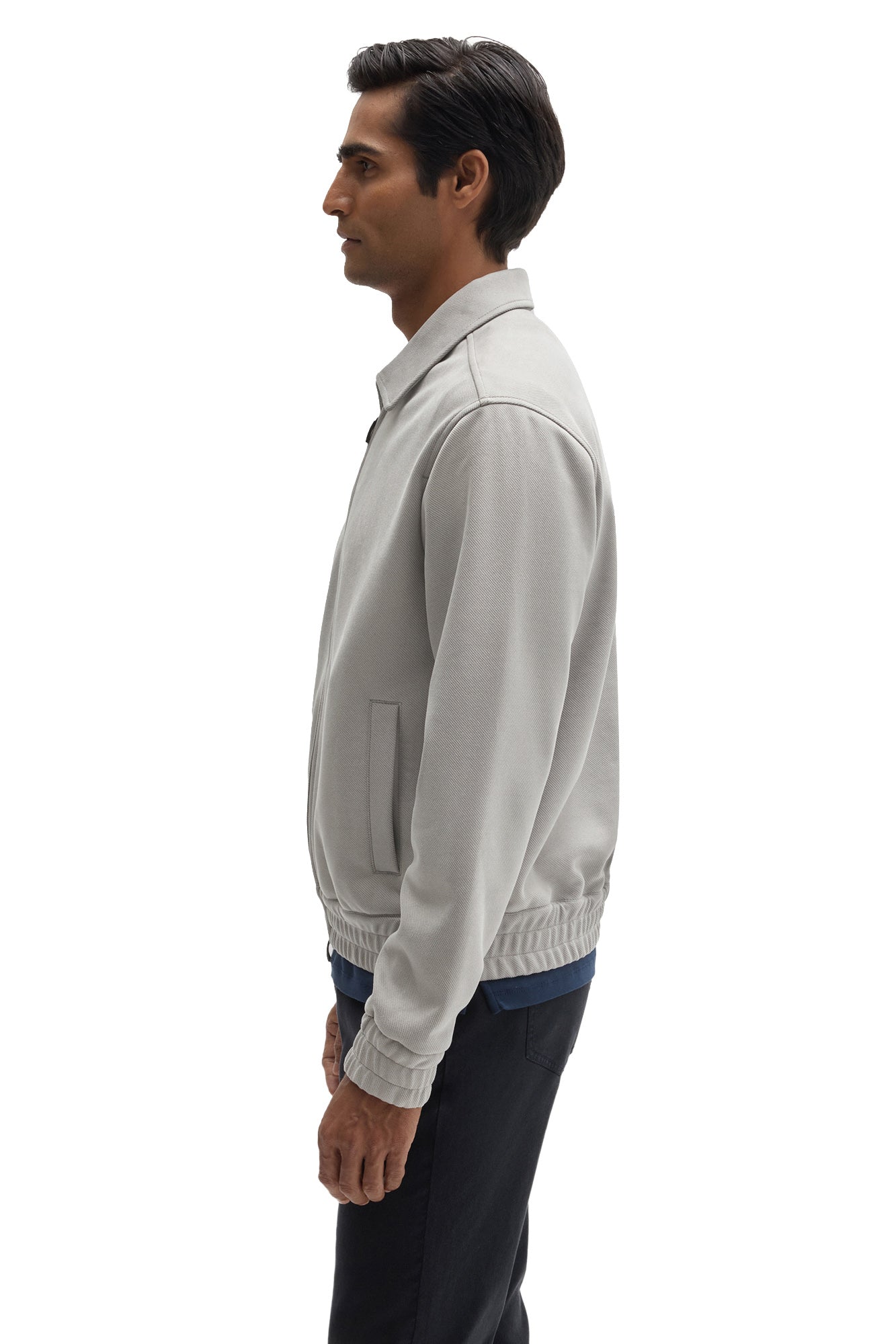 Robert Barakett men's light gray zip overshirt with angled welt pocket, elastic cuff, and banded hem, side view