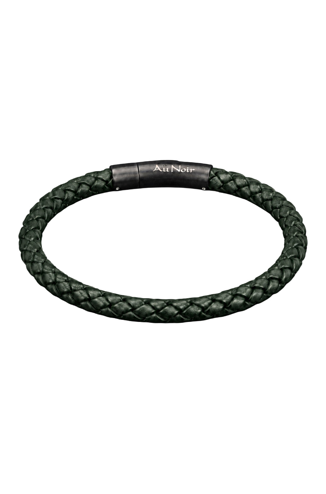 Bracelet tressé vert foncé avec petits rivets argentés et fermoir noir Au Noir, vue produit pour homme