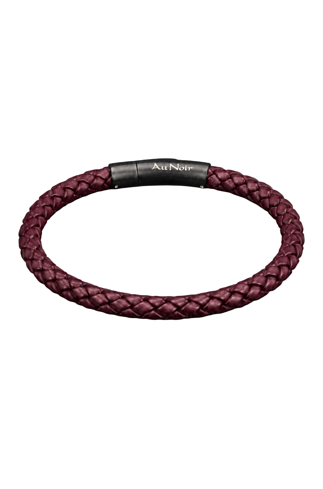 Bracelet tressé bourgogne avec petits rivets argentés, logo Au Noir blanc et fermoir noir, vue produit pour homme