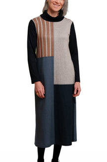 Robe midi manches longues midi à blocs de couleurs, manches noires pour femme par Rien ne se perd, tout se crée, vue avant