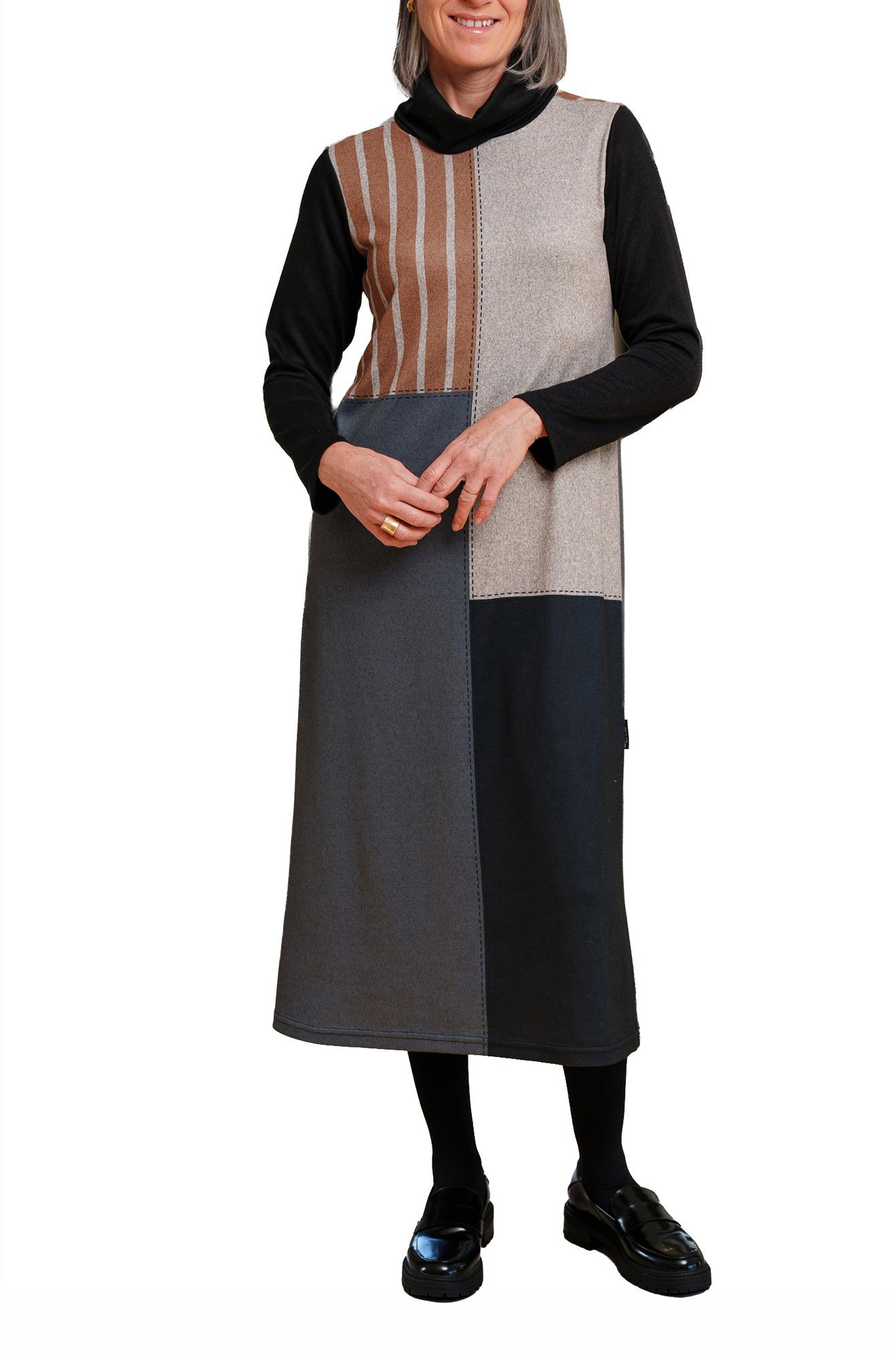 Women's full front view of color-block midi midi long-sleeve dress with black cowl neck by Rien ne se perd, tout se crée