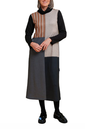 Women's full front view of color-block midi midi long-sleeve dress with black cowl neck by Rien ne se perd, tout se crée