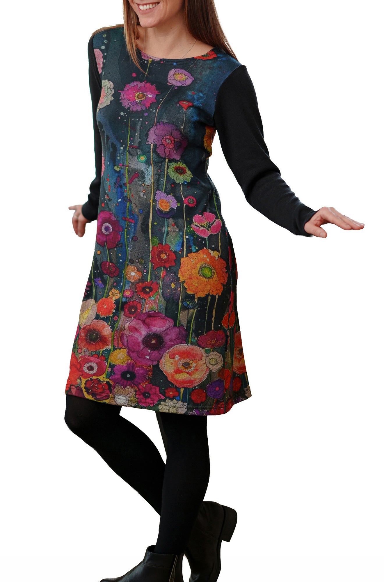 Rien ne se perd, tout se crée women's dark teal floral long-sleeve dress with black knee-length A-line shape, front view