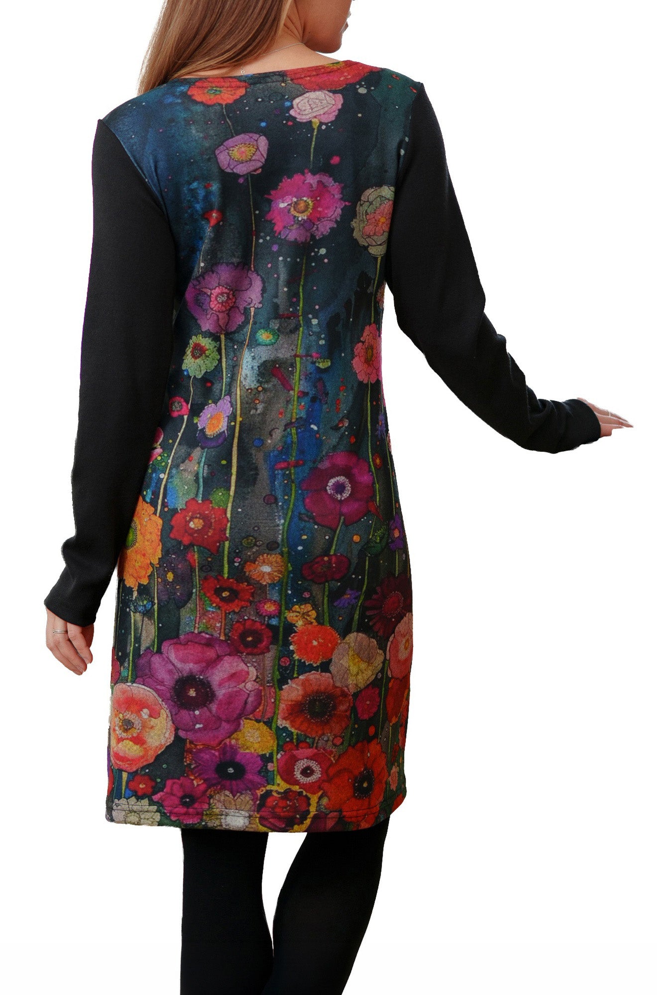 Rien ne se perd, tout se crée women's dark teal floral print long-sleeve dress with solid black straight hem, back view