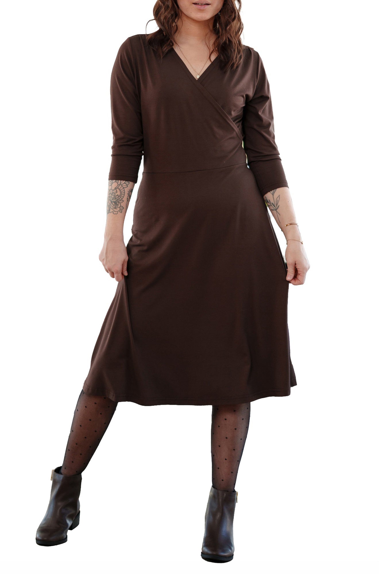 Rien ne se perd, tout se crée women's dark brown wrap-neck midi dress with three-quarter sleeves, front view