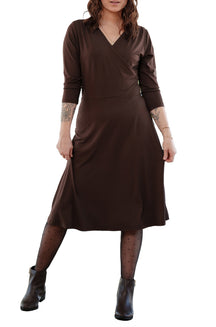 Rien ne se perd, tout se crée women's dark brown wrap-neck midi dress with three-quarter sleeves, front view