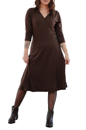 Rien ne se perd, tout se crée women's dark brown wrap-neck midi dress with three-quarter sleeves, front view