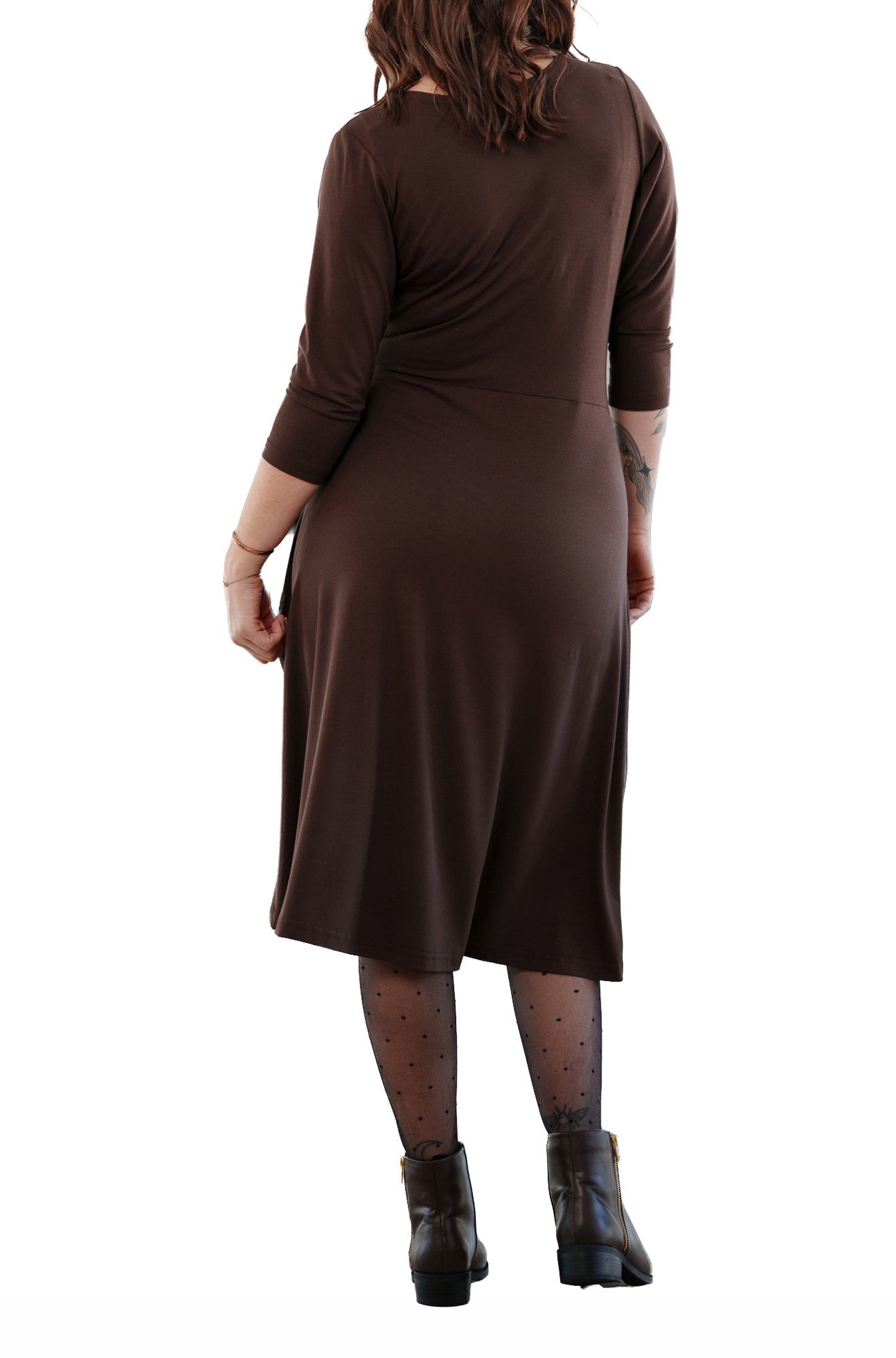 Rien ne se perd, tout se crée women's dark brown midi dress with three-quarter sleeves and a flared skirt, back view