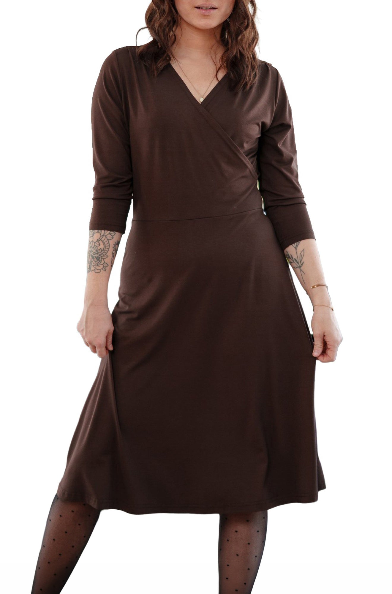 Rien ne se perd, tout se crée women's closer front view of a dark brown wrap-neck midi dress with three-quarter sleeves