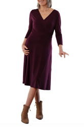 Rien ne se perd, tout se crée women's deep burgundy wrap-front midi dress with V neckline shown from the front