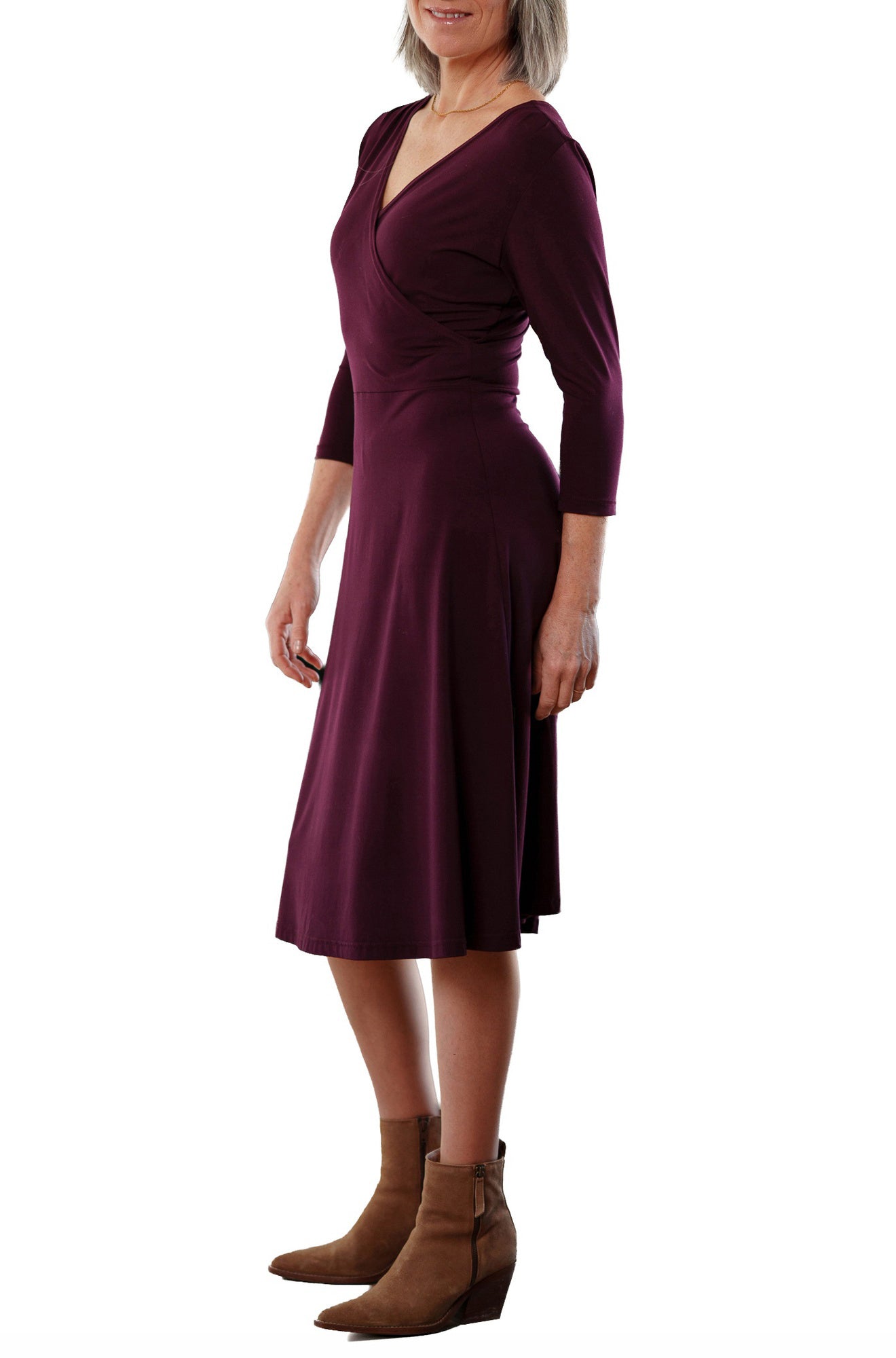 Rien ne se perd, tout se crée women's deep burgundy wrap-front midi dress with V neckline and waist seam shown from the side