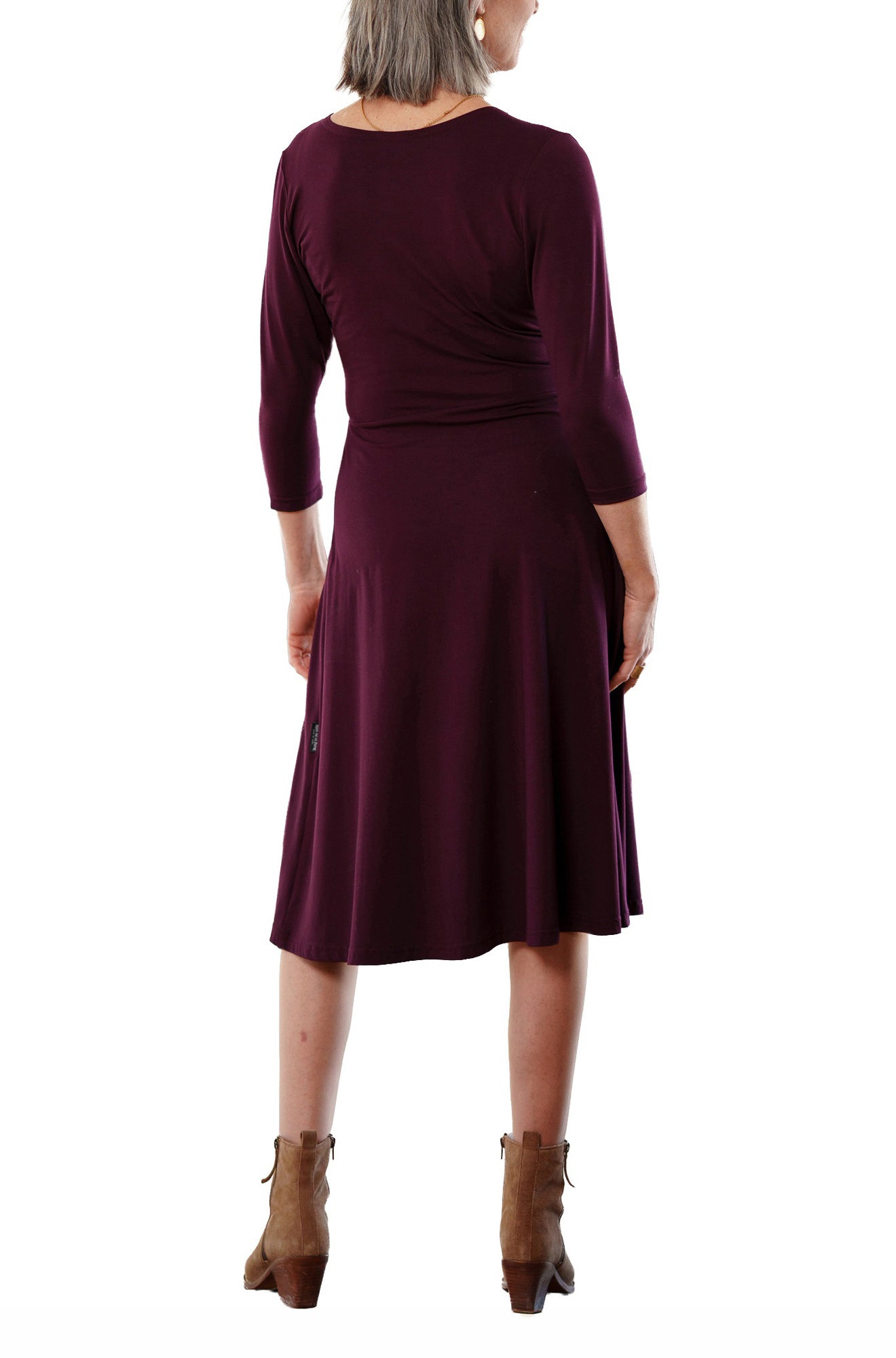 Rien ne se perd, tout se crée women's deep burgundy three-quarter sleeve midi dress with flared skirt, back view