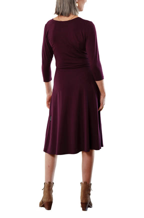 Rien ne se perd, tout se crée women's deep burgundy three-quarter sleeve midi dress with flared skirt, back view