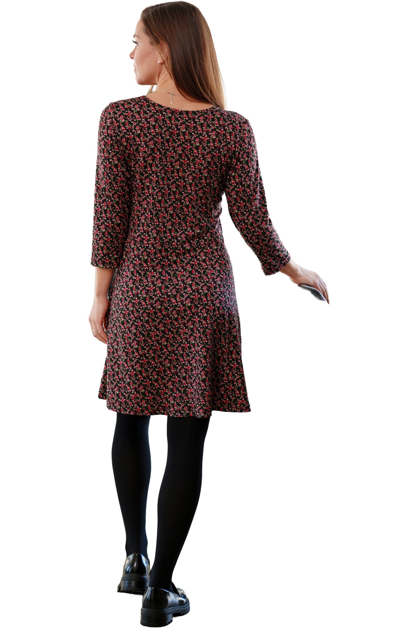 Rien ne se perd, tout se crée women's black floral dress back view with three-quarter sleeves and rounded neckline
