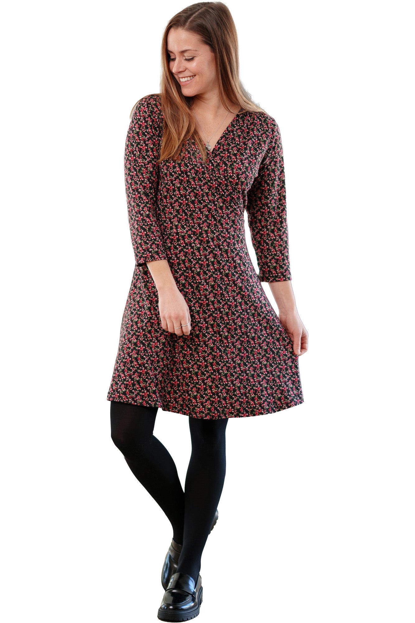 Women's black dress with small red, pink flowers, front view and three-quarter sleeves by Rien ne se perd, tout se crée