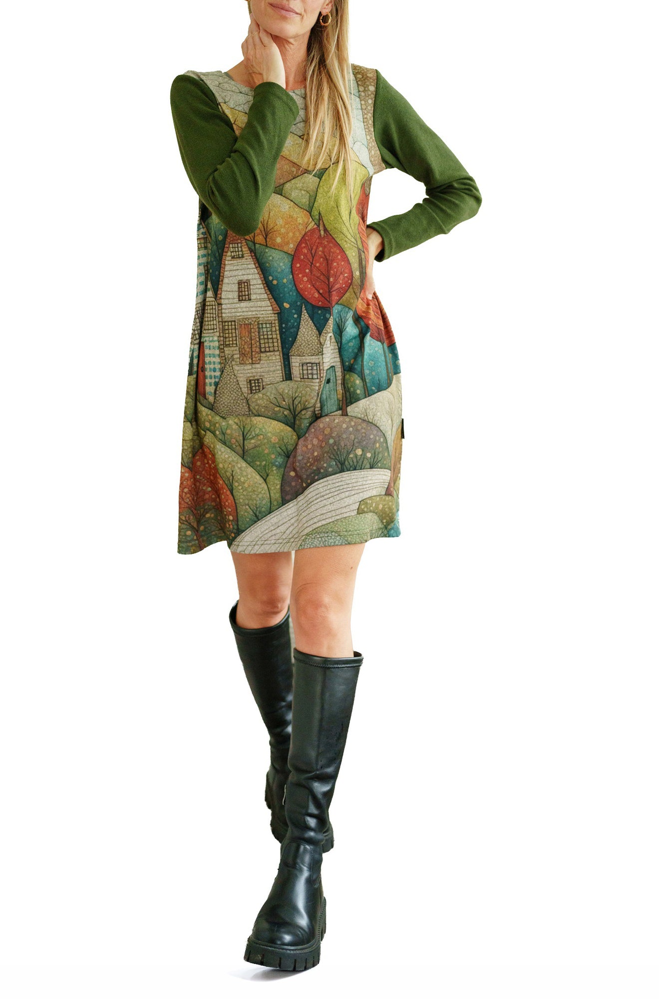 Women's full front view of multicolor illustrated long-sleeve dress with dark green sleeves by Rien ne se perd, tout se crée