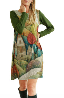 Women's dark green long-sleeve dress, front model view by Rien ne se perd, tout se crée