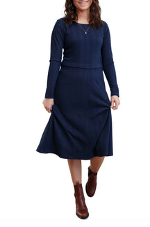 Rien ne se perd, tout se crée women's navy ribbed midi midi long-sleeve dress with, waist overlay seam, front view
