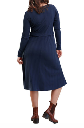 Rien ne se perd, tout se crée women's navy ribbed midi midi long-sleeve dress with, flared skirt, and waist seam, back view