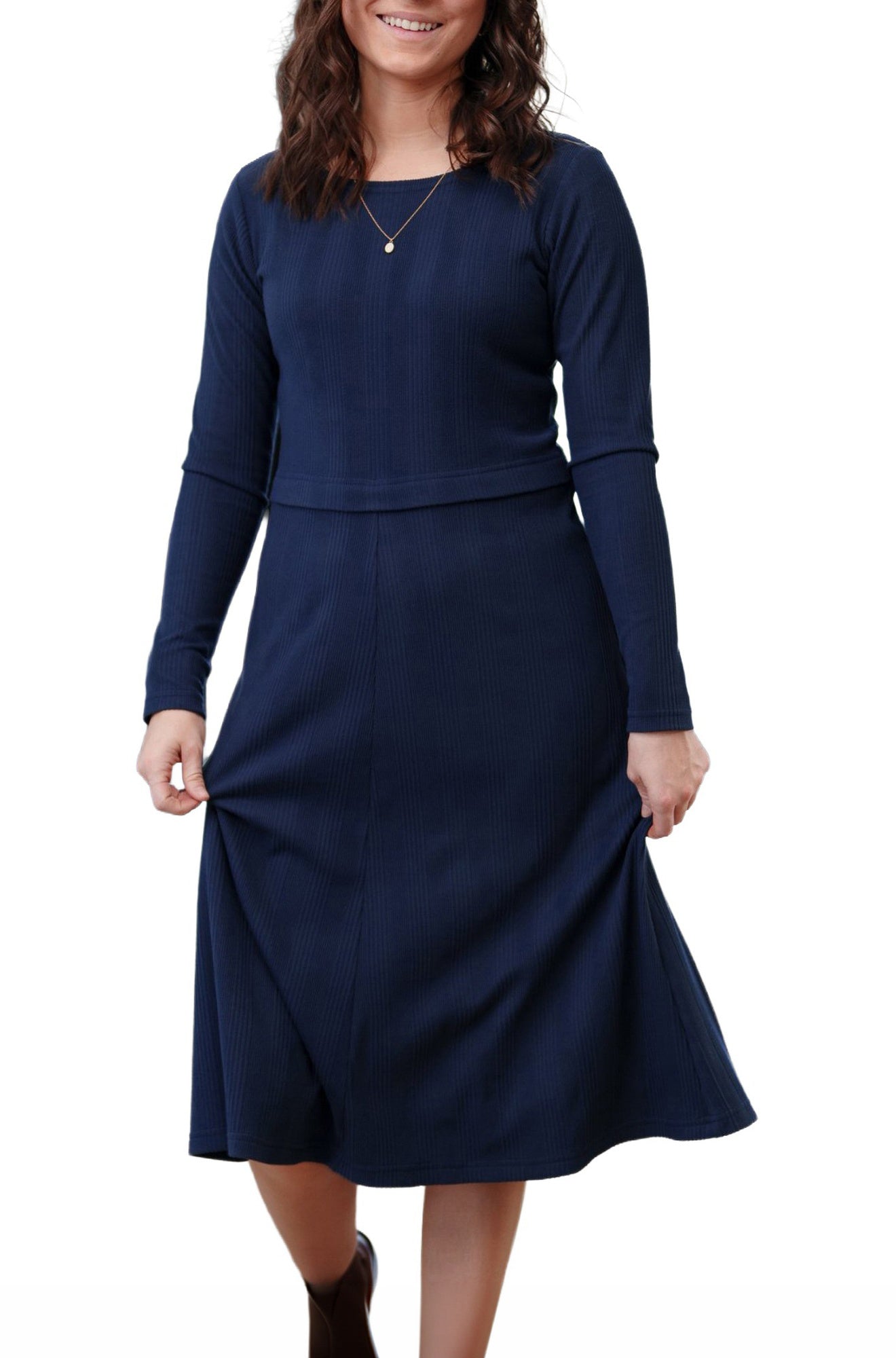 Rien ne se perd, tout se crée women's front closer view of a navy ribbed midi midi long-sleeve dress with waist overlay seam