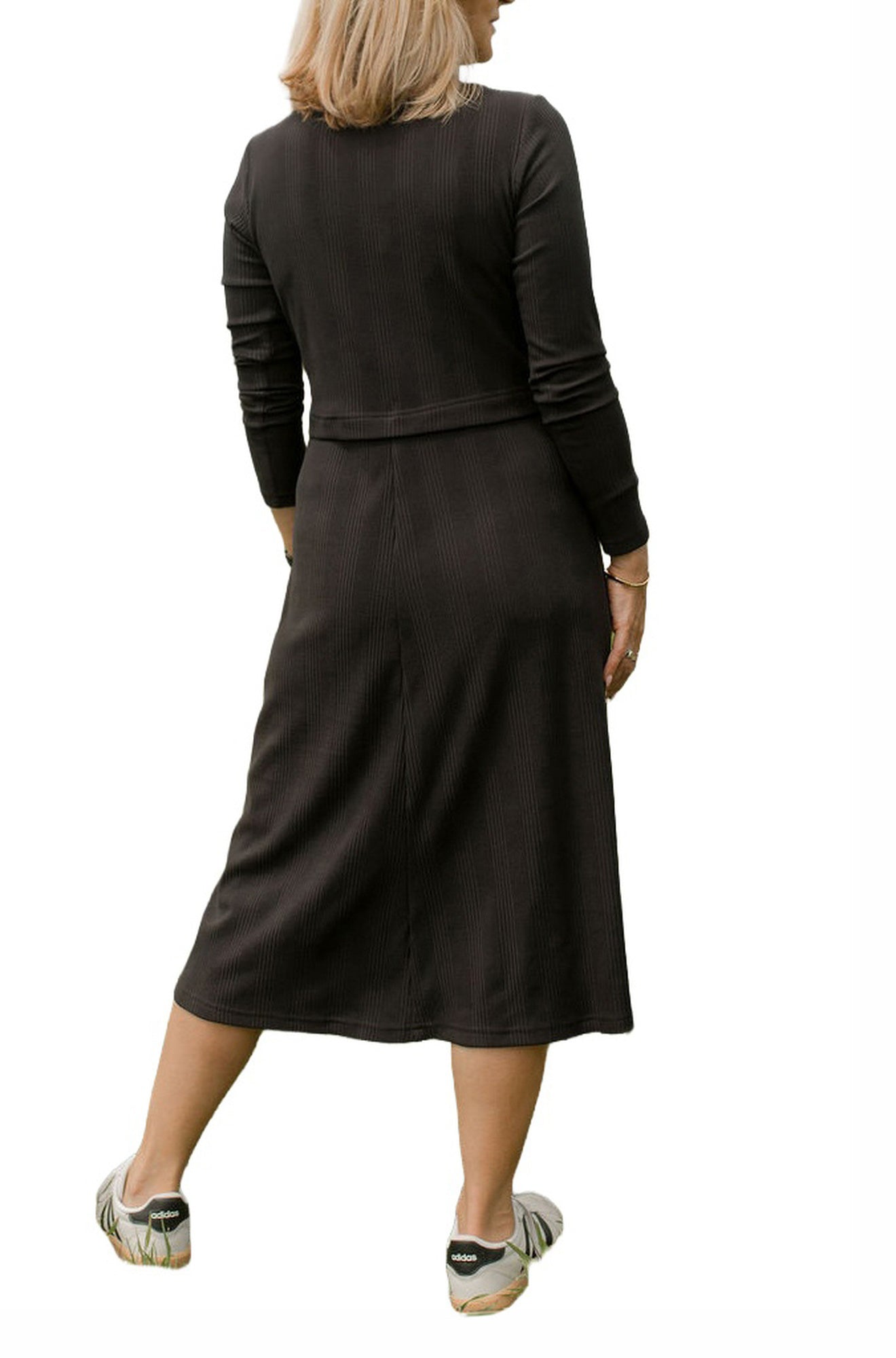 Rien ne se perd, tout se crée women's dark ribbed midi midi long-sleeve dress, back view with waist seam and flared skirt