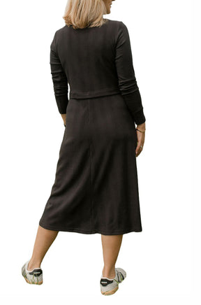 Rien ne se perd, tout se crée women's dark ribbed midi midi long-sleeve dress, back view with waist seam and flared skirt
