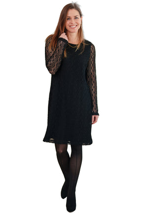 Rien ne se perd, tout se crée women's black lace long-sleeve dress with round neckline, sheer openwork hem, front view