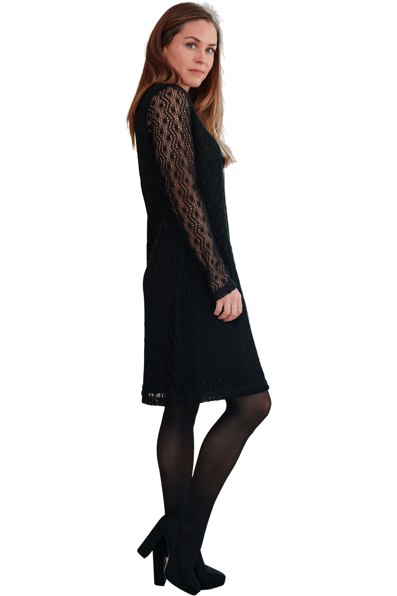 Rien ne se perd, tout se crée women's black lace long-sleeve dress with sheer floral straight knee-length shape, side view