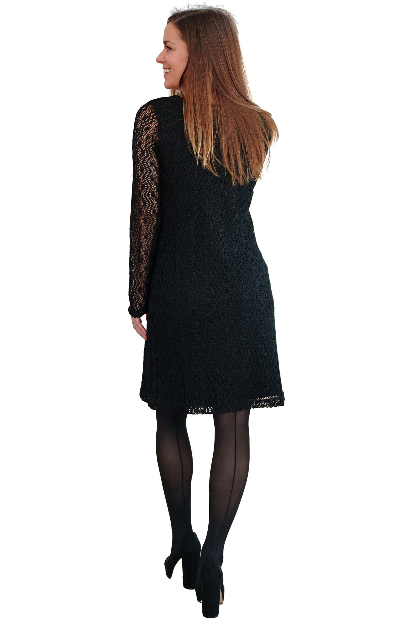 Rien ne se perd, tout se crée women's black knee-length lace long-sleeve dress with sheer openwork hem, back view