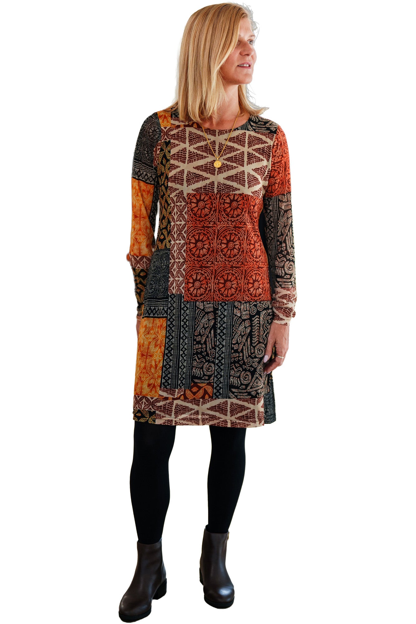Rien ne se perd, tout se crée women's multicolor long sleeve shift dress with round neckline shown from the front