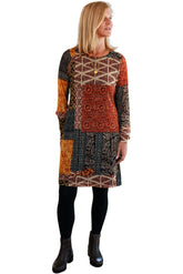 Rien ne se perd, tout se crée women's multicolor long sleeve shift dress with round neckline shown from the front