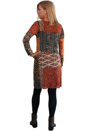 Rien ne se perd, tout se crée women's multicolor long sleeve printed dress with straight above-knee hem, back view