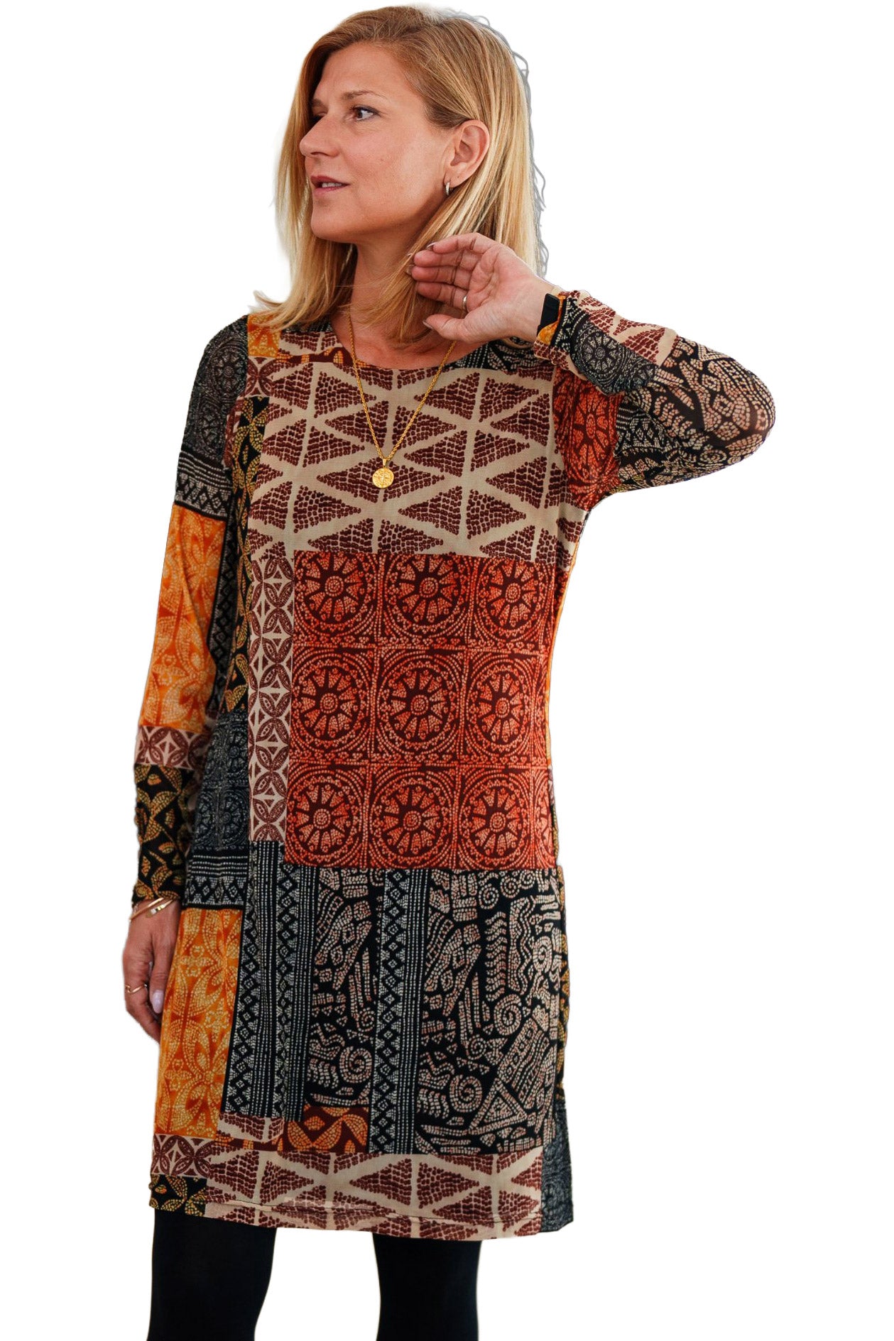 Women's angled front view of multicolor long sleeve printed dress with round neckline by Rien ne se perd, tout se crée