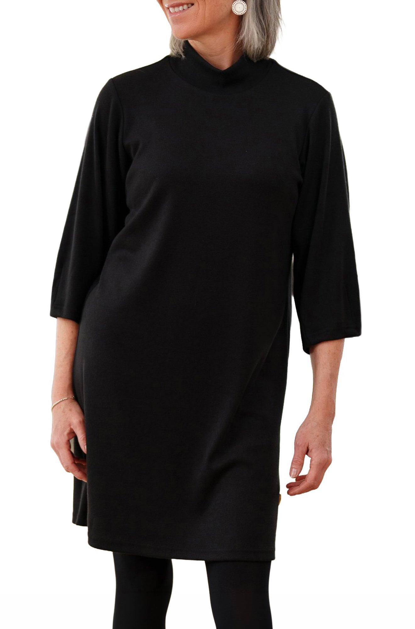 Rien ne se perd, tout se crée women's black mock-neck dress with three-quarter sleeves and straight tunic shape, front view