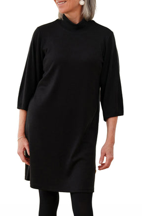 Rien ne se perd, tout se crée women's black mock-neck dress with three-quarter sleeves and straight tunic shape, front view