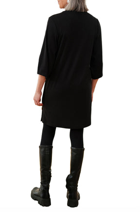 Rien ne se perd, tout se crée women's black mock-neck dress with three-quarter sleeves, back view