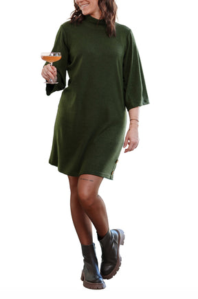 Women's full front view of dark olive mock-neck knit dress with wide sleeves by Rien ne se perd, tout se crée