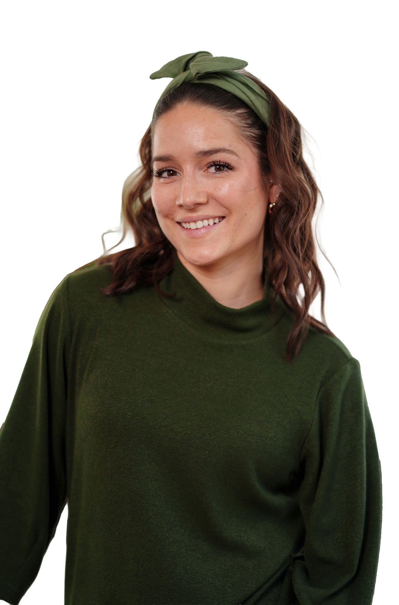 Rien ne se perd, tout se crée women's close front view of dark olive mock-neck knit dress showing collar and upper sleeves