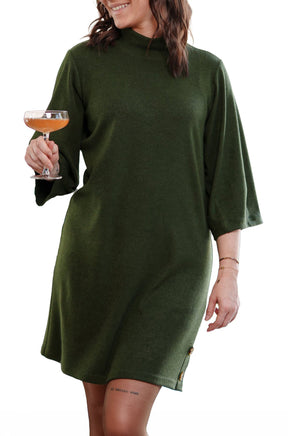 Rien ne se perd, tout se crée women's dark olive mock-neck knit dress with wide sleeves and side hem buttons, front view