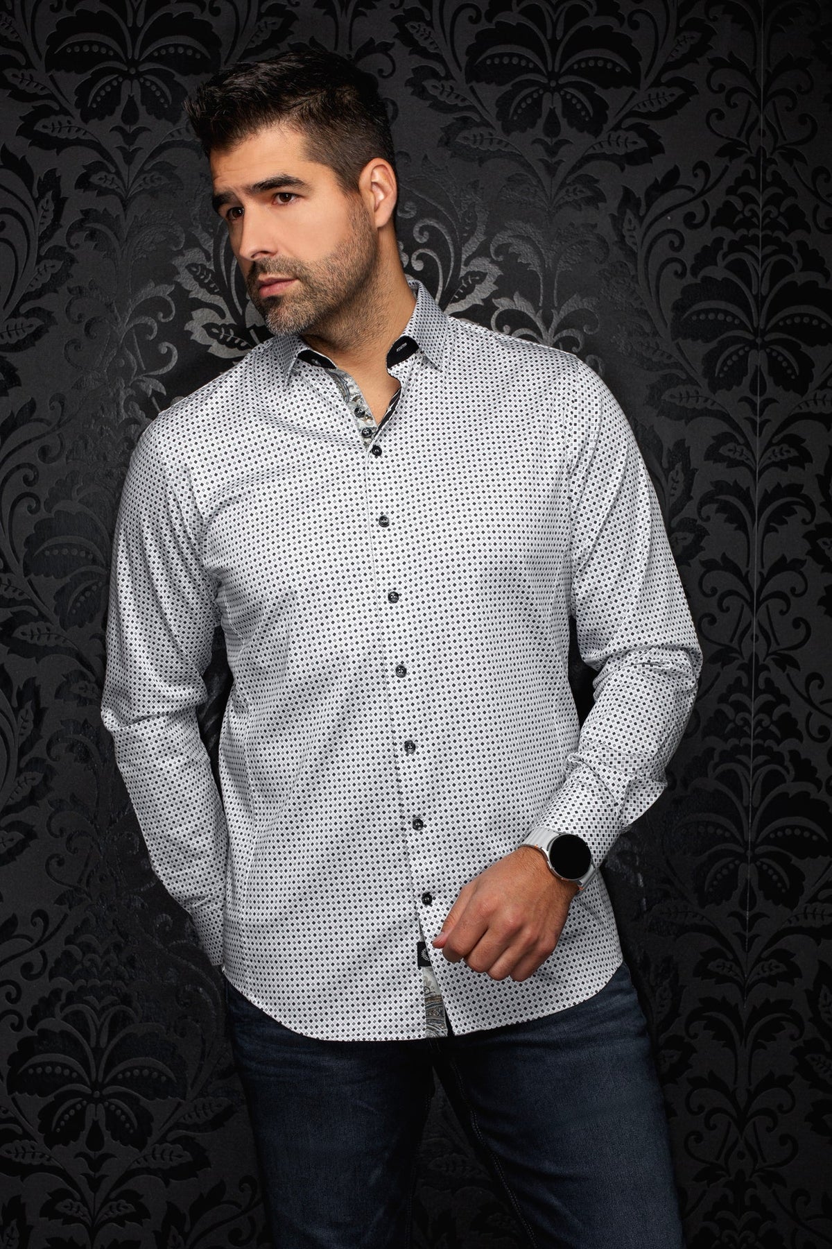 Chemise manches longues en coton extensible pour homme par Au Noir | SABAH Gris | Boutique Vvög, inventaire complet de la marque Au Noir