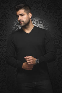 Merino wool V-neck Long sleeve T-Shirt for men by Au Noir | SAXONY_V Black | Boutique Vvög, complete inventory of the Au Noir brand