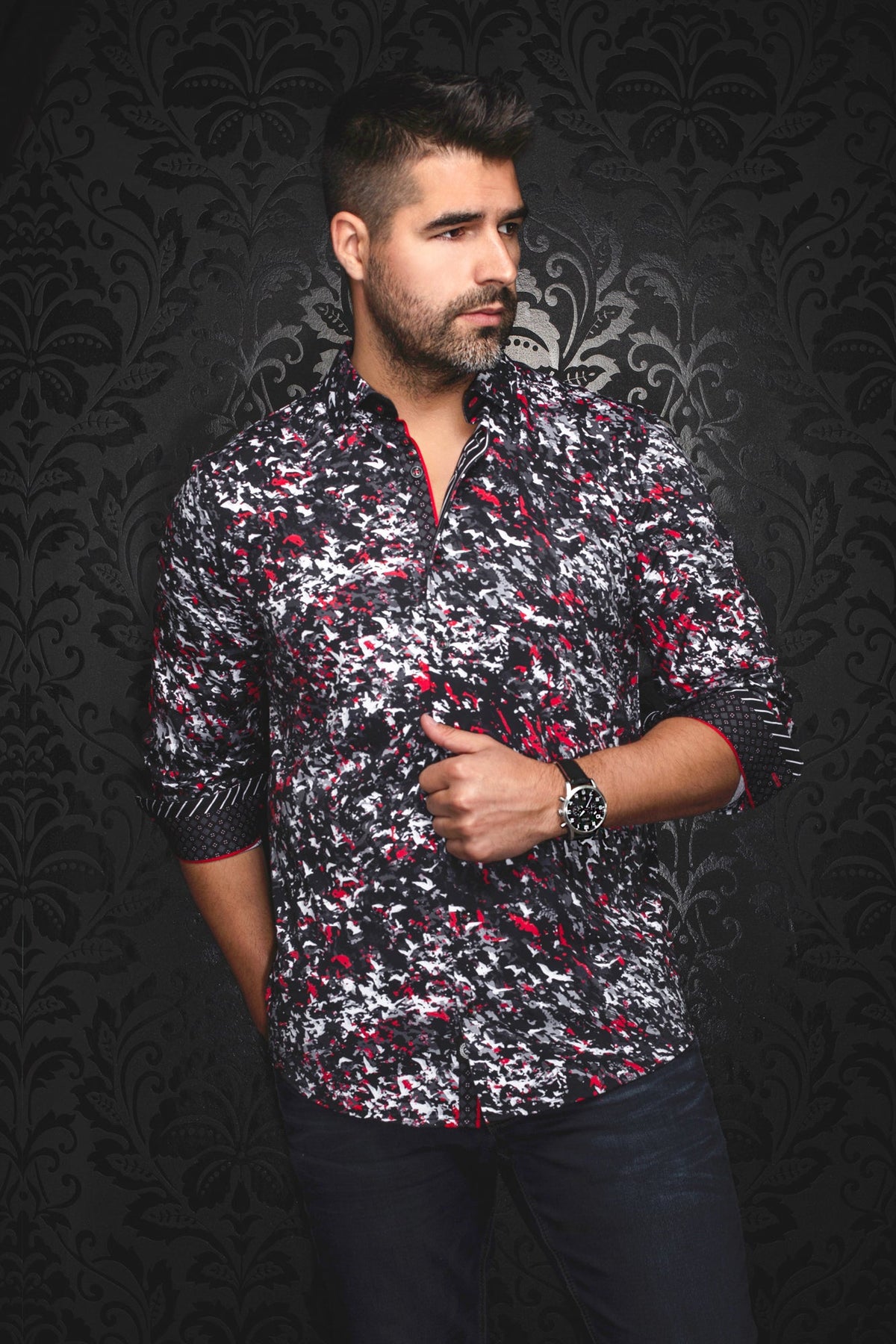 Chemise manches longues en Knit pour homme par Au Noir | SORAN Noir Rouge | Boutique Vvög, inventaire complet de la marque Au Noir