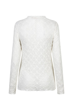 Esqualo women's white long sleeve floral lace blouse with a high neck and scalloped hem, back product view