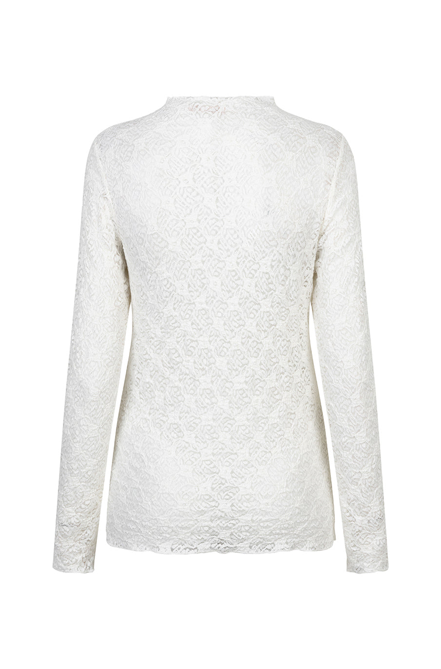 Esqualo women's white long sleeve floral lace blouse with a high neck and scalloped hem, back product view