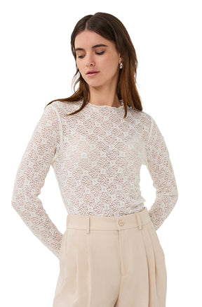 Esqualo women's white floral lace mock neck long-sleeve blouse with a fitted shape, front model view