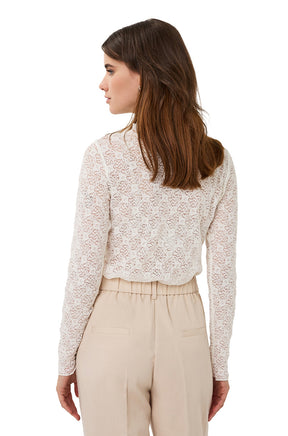 Esqualo women's white long sleeve lace blouse showing the fitted back and scalloped hem, back model view