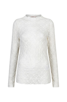 Esqualo women's white long sleeve floral lace blouse with a scalloped mock neck and hem shown from the front